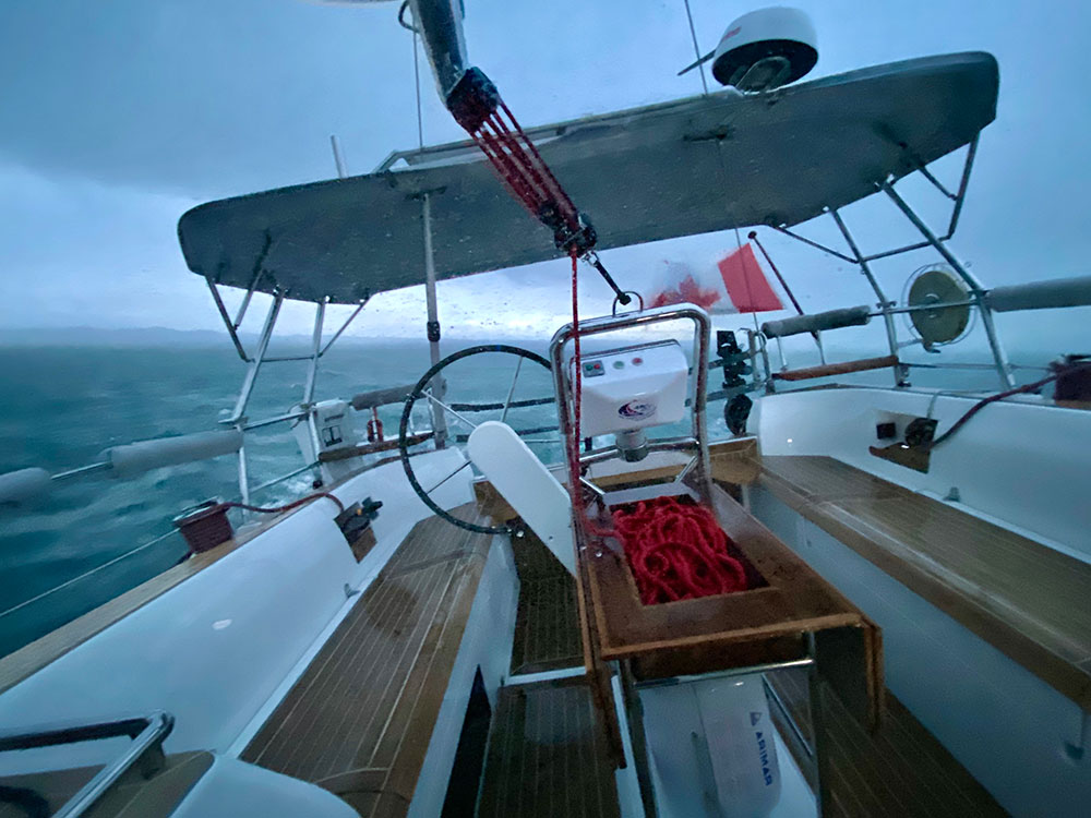 The deck saloon of the Sirius 40 DS was the perfect place to weather a heavy Rosario Strait Squall.