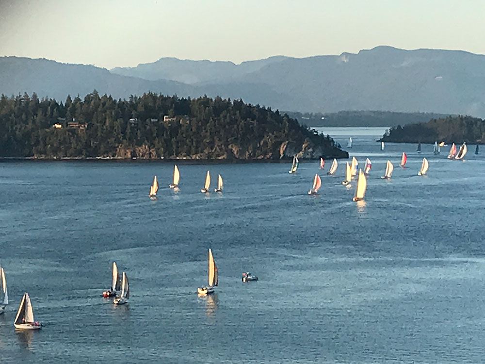 A colorful downwind start out of Anacortes on Friday evening. Photo by Jeff Rodenburger.